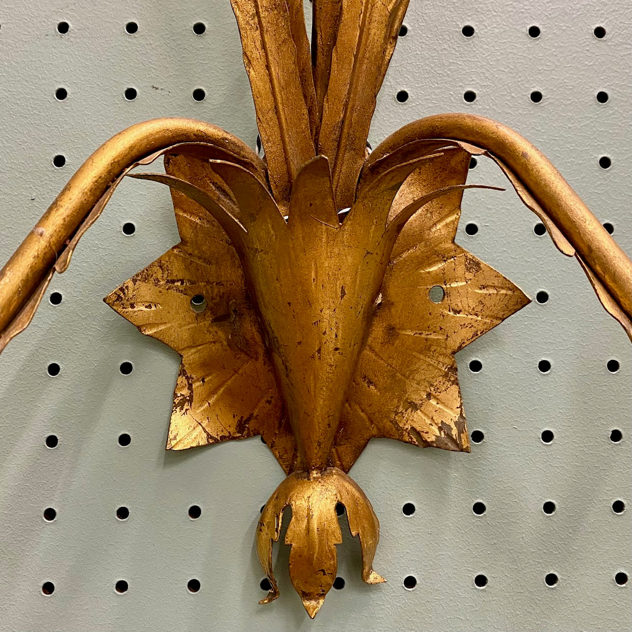 Pair Large Italian Vintage Gold Tole Sconces with Flower Heads