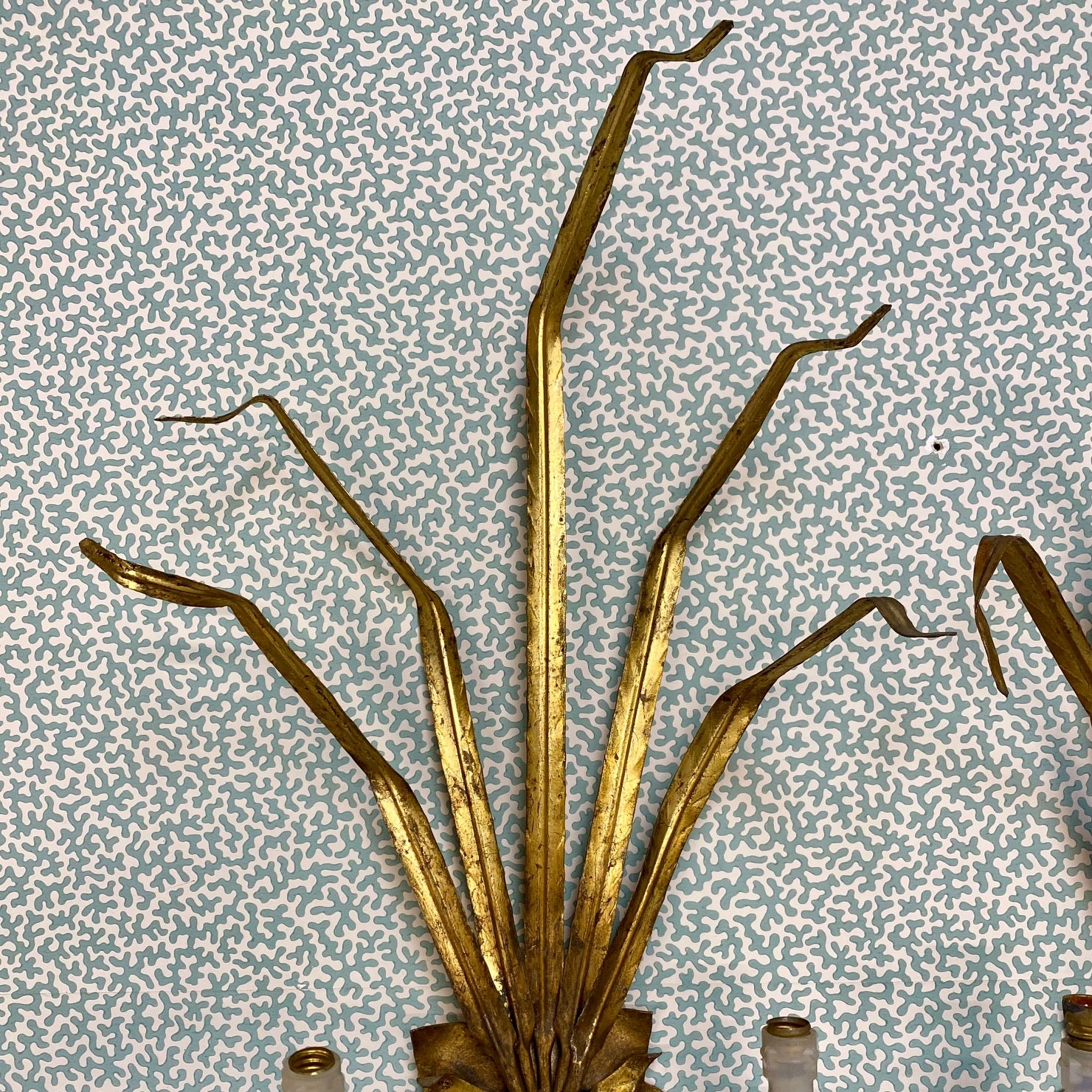 Pair Vintage Italian Gilt Tole Leaf Sconces