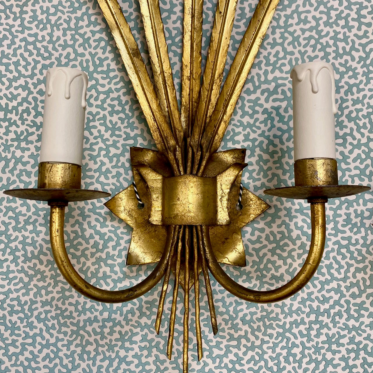 Pair Italian Gilt Tole Leaf Sconces