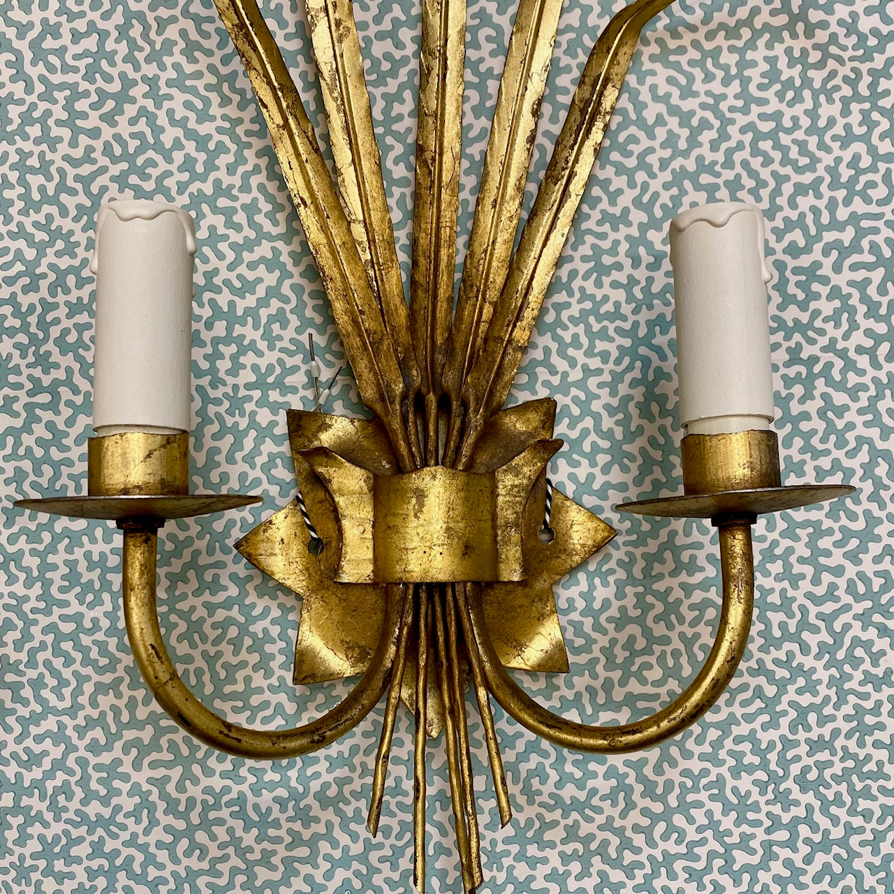 Pair Italian Gilt Tole Leaf Sconces
