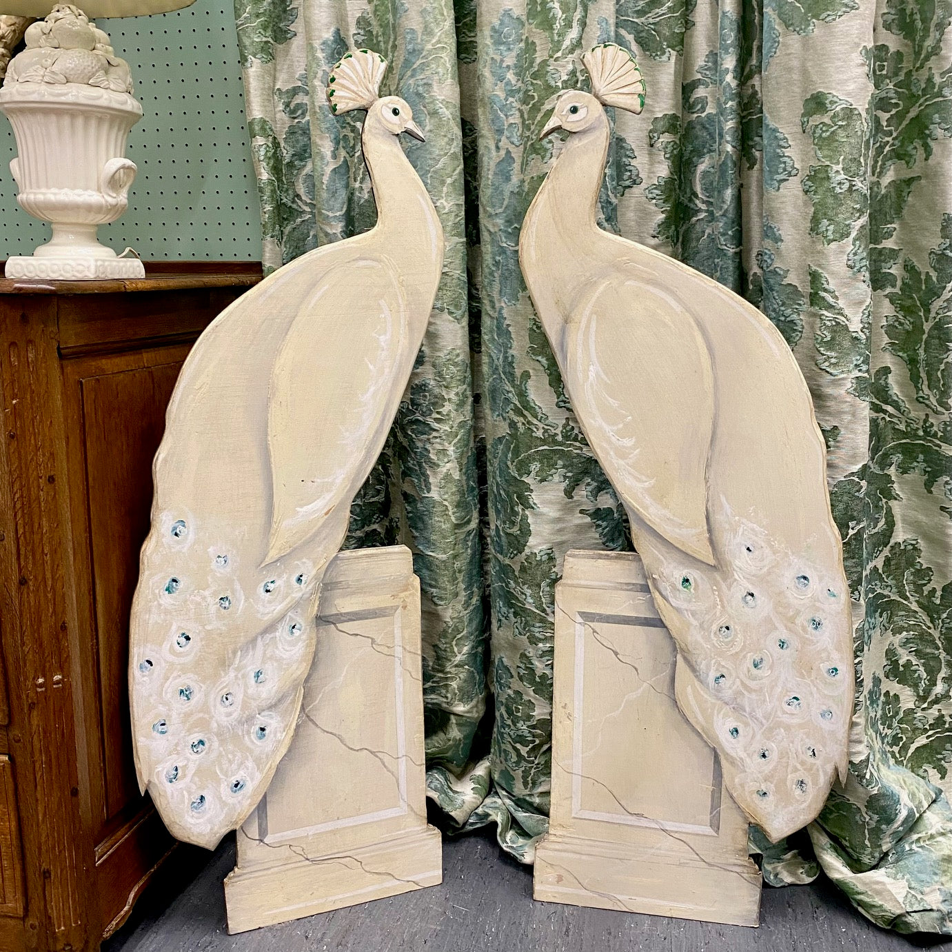 Pair Large Decorative Painted White Peacocks