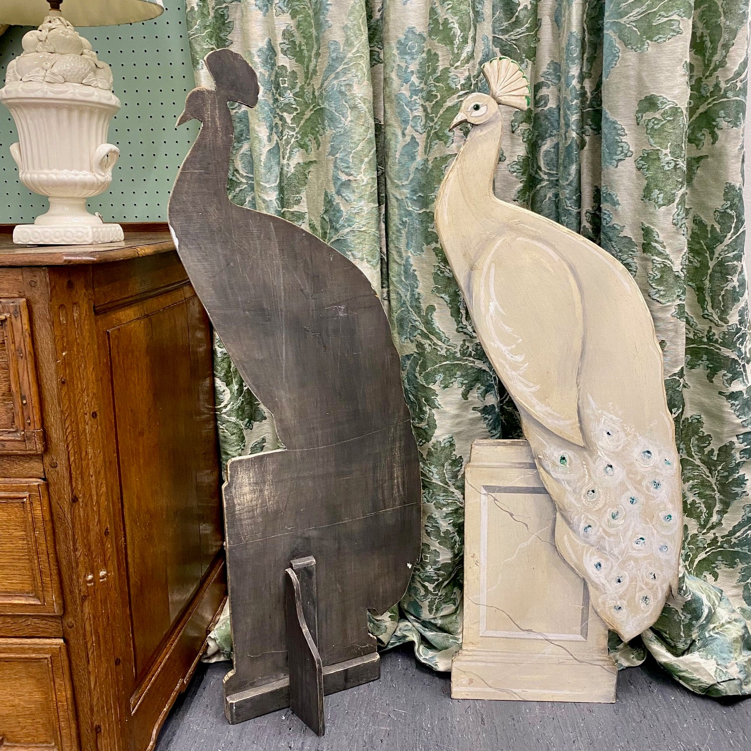 Pair Large Decorative Painted White Peacocks