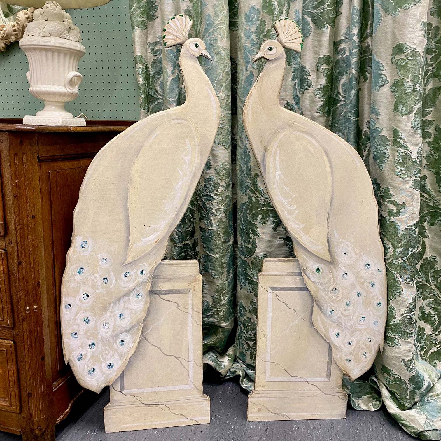Pair Large Decorative Painted White Peacocks