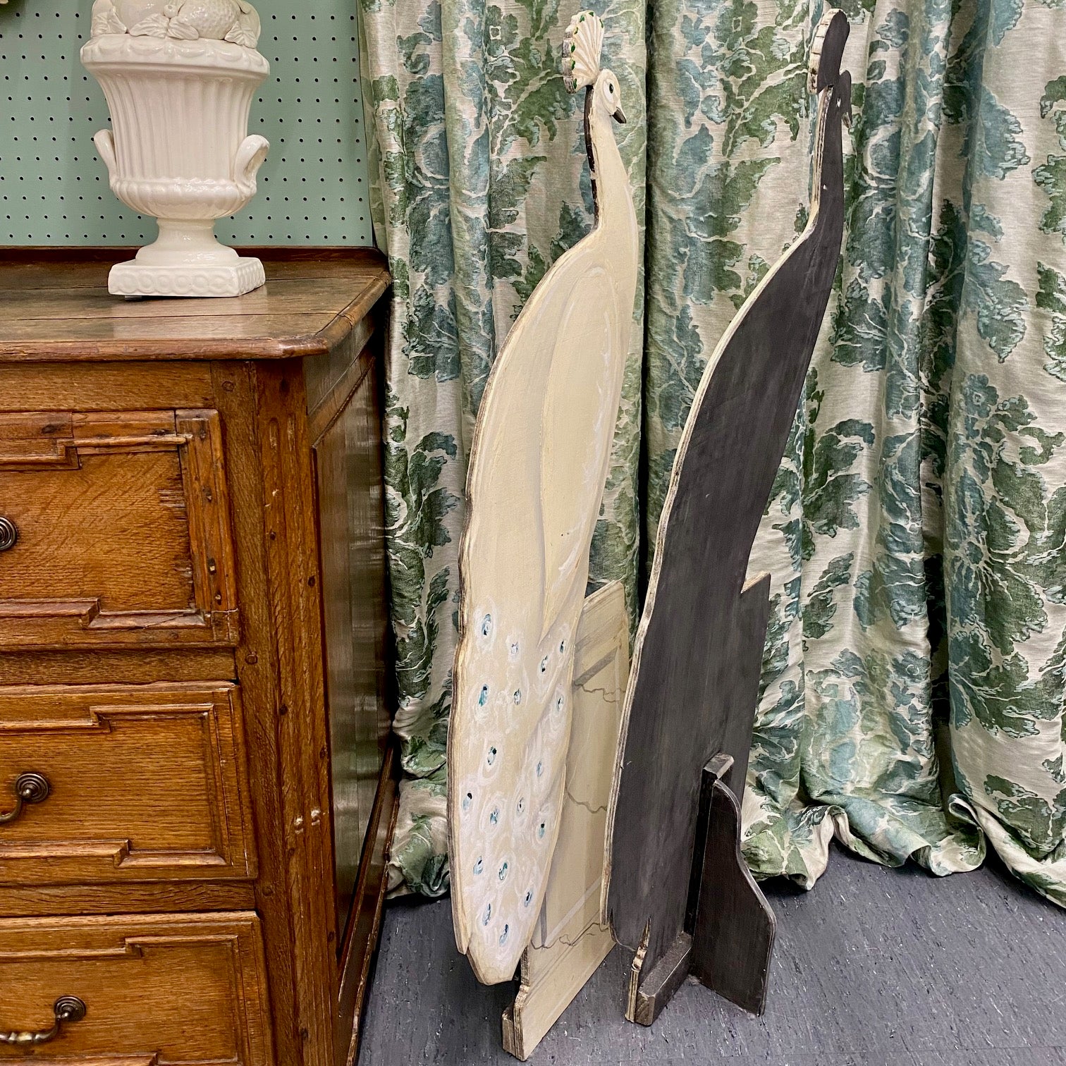 Pair Large Decorative Painted White Peacocks