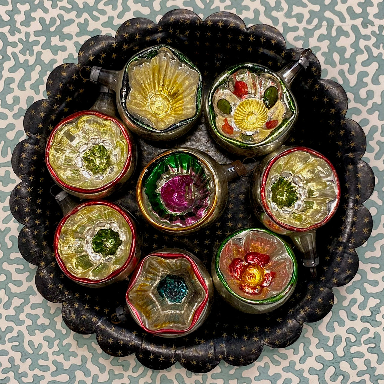 Beautiful Vintage Reflector Glass Christmas Tree Ornaments Set of 8